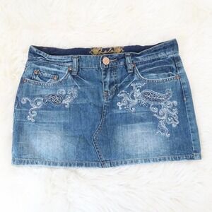 Lola Jeans Y2K Low Rise Denim Mini Skirt with Rhinestone Paisley – Size 9